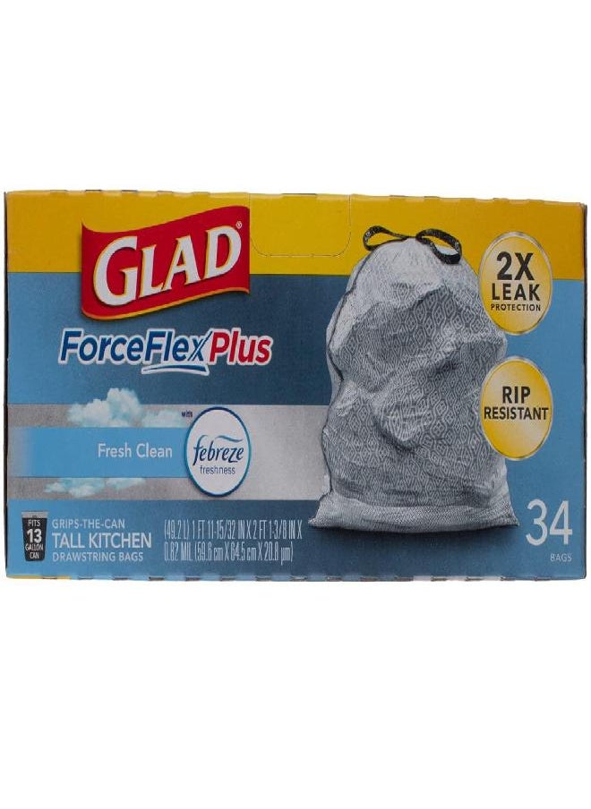 Glad ForceFlex OdorShield Drawstring Trash Bags, Fresh Clean, 13 Gallon, 34 Count