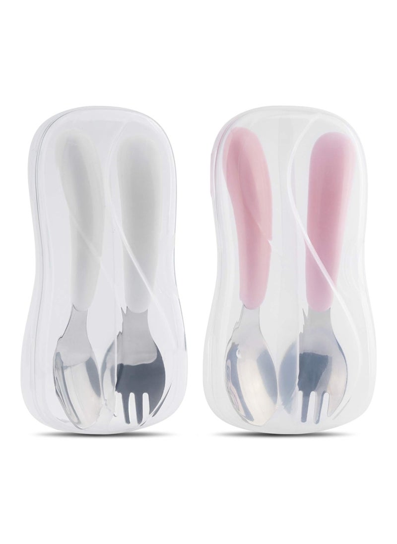 2-Set Toddler Fork And Spoon Set Baby Utensils Set With Carrying Case (White & Pink)