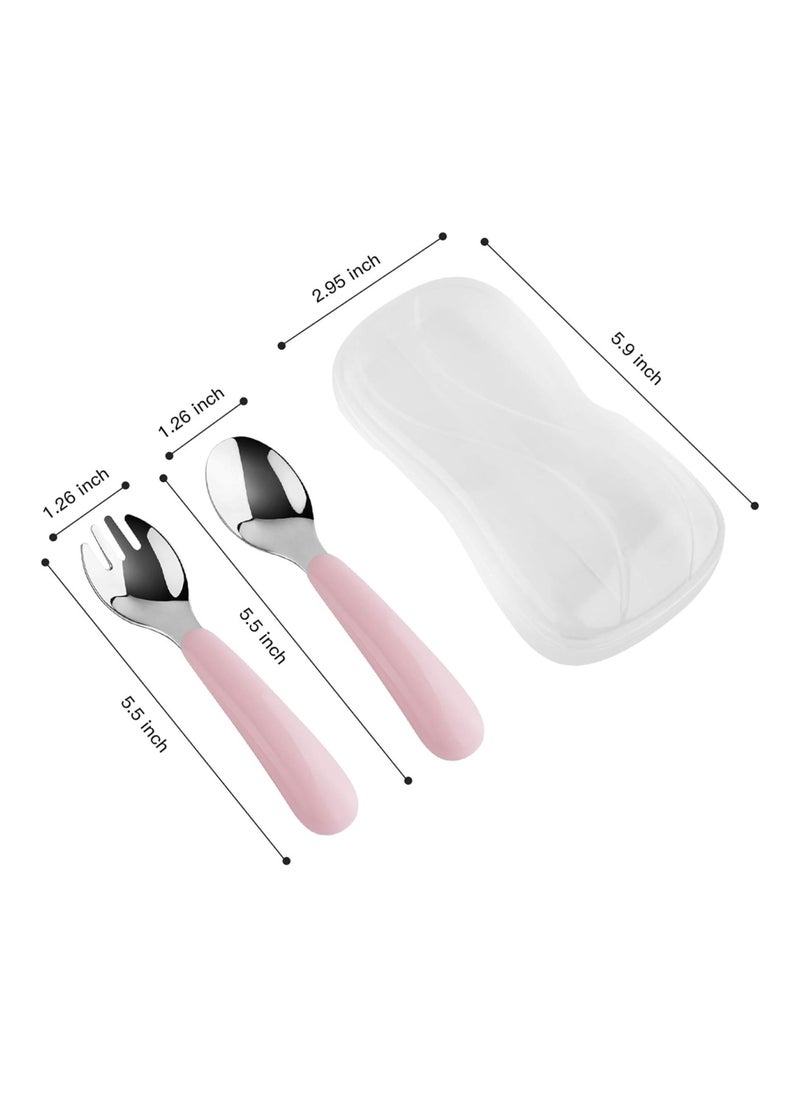 2-Set Toddler Fork And Spoon Set Baby Utensils Set With Carrying Case (White & Pink)