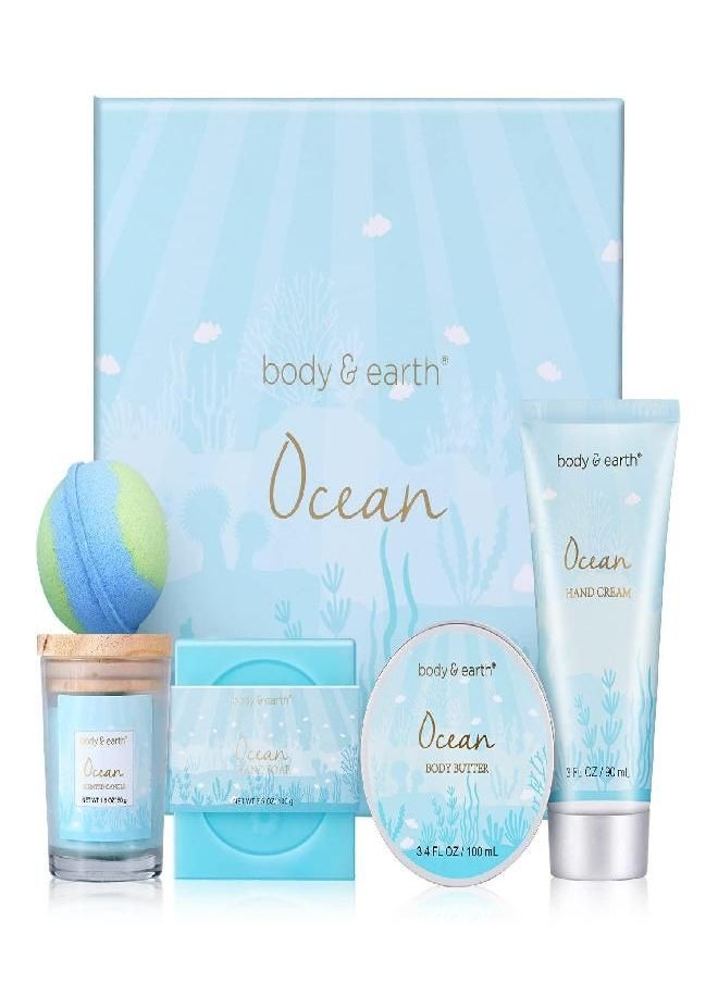 Gifts for Women, Bath Set with Ocean Scented Spa Gifts for Her,Includes Scented Candle, Body Butter, Hand Cream, Bath Bar and Bomb,5 Pcs Bath Set, Gifts Set for Women,Gifts for Mom,Mother's Day Gifts,