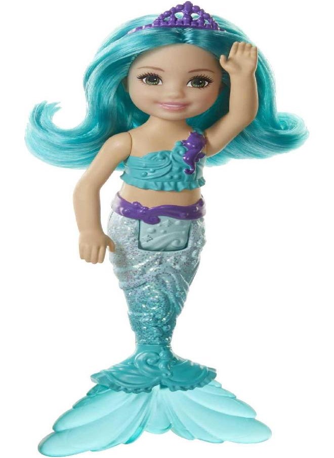 Barbie Dreamtopia Chelsea Mermaid Doll with Teal Hair & Tail, Tiara Accessory, Small Doll Bends At Waist