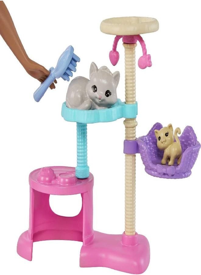 Barbie Kitty Condo Doll and Pets, Cat Tree Playset with 5 Kitten Figures & Accessories, Brunette Fashion Doll