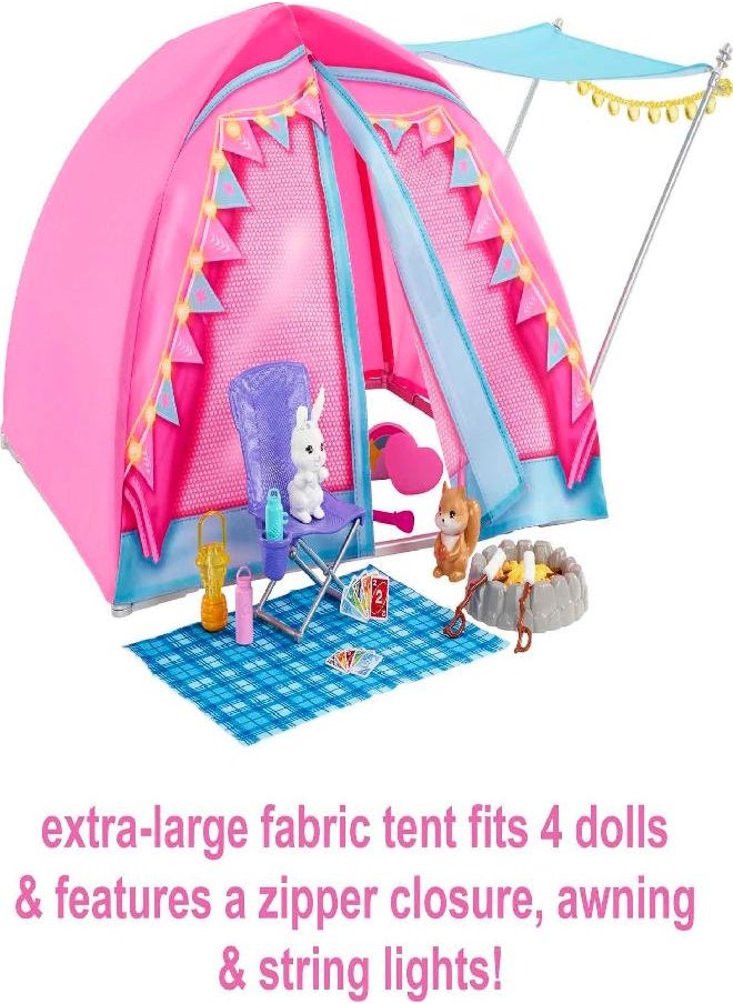 Barbie It Takes Two Dolls & 20 Accessories, Let's Go Camping Tent Playset with Brooklyn & Malibu Dolls & 2 Moving Animals