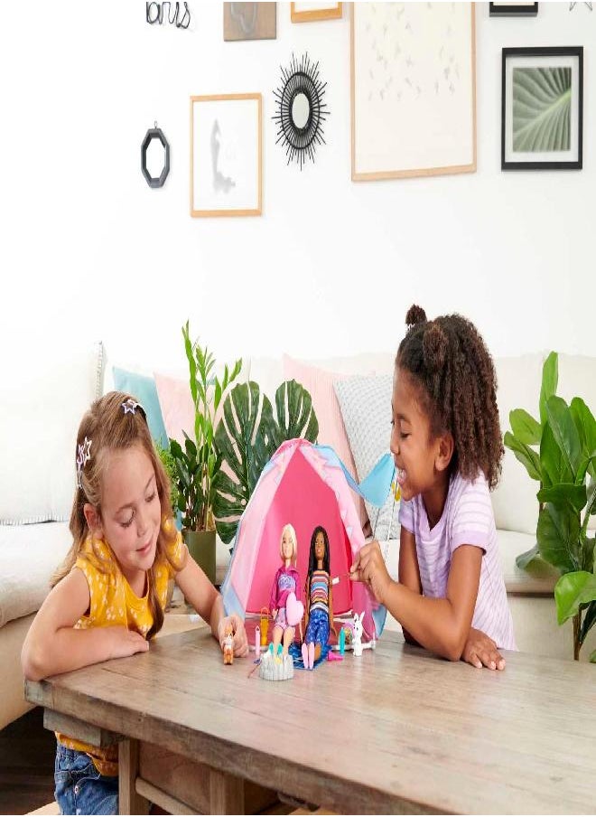 Barbie It Takes Two Dolls & 20 Accessories, Let's Go Camping Tent Playset with Brooklyn & Malibu Dolls & 2 Moving Animals