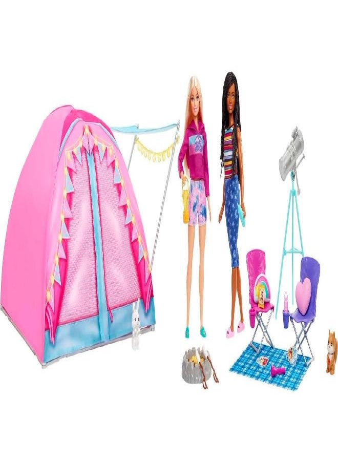 Barbie It Takes Two Dolls & 20 Accessories, Let's Go Camping Tent Playset with Brooklyn & Malibu Dolls & 2 Moving Animals
