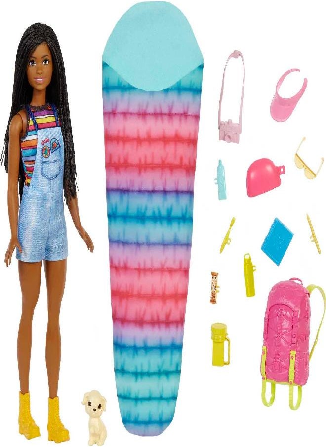 Barbie It Takes Two Doll & Accessories, Brooklyn Camping Playset with Doll, Pet Puppy & 10+ Accessories Including Sleeping Bag