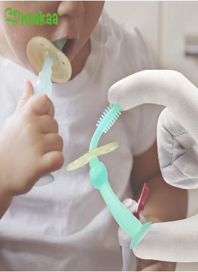 haakaa 360° Silicone Baby Toothbrush with Suction Base Infant to Toddler Toothbrush, Food Grade Silicone, 1pc (Blue)