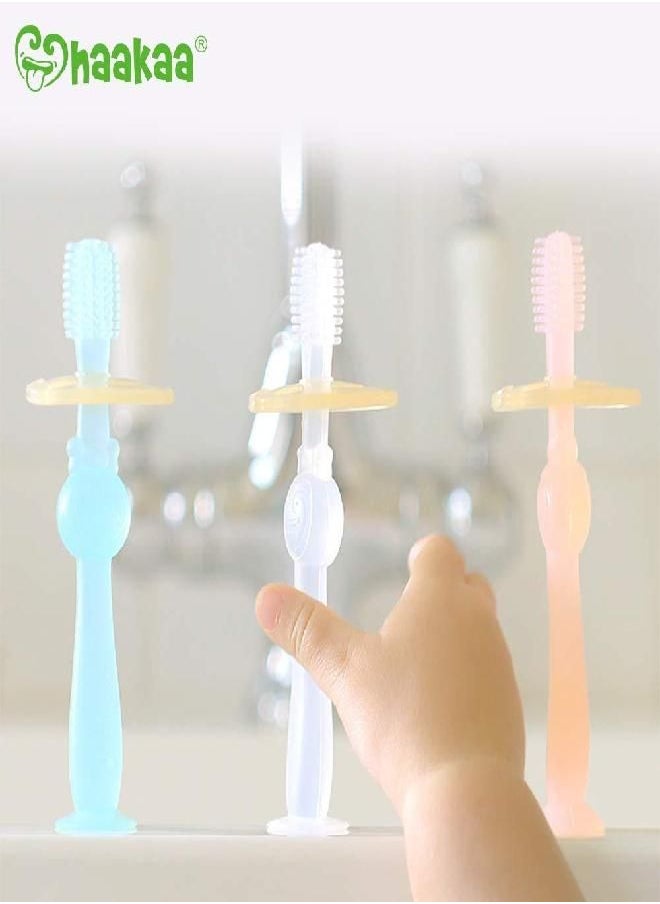 haakaa 360° Silicone Baby Toothbrush with Suction Base Infant to Toddler Toothbrush, Food Grade Silicone, 1pc (Blue)