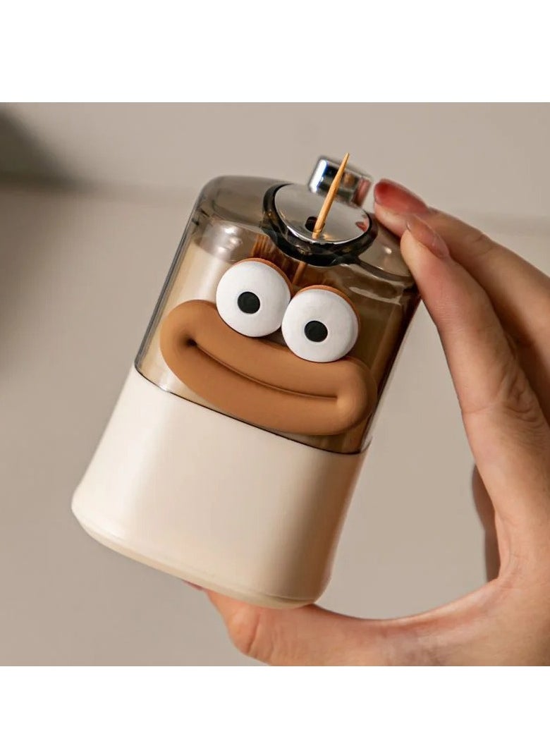 Pop Up Toothpick Dispenser, Toothpick Holder with Automatic Ejection,  compact and portab;e Plastic Toothpick Case Box, Stylish Home and Restaurant Storage Box, (1pc, Brown Smile)