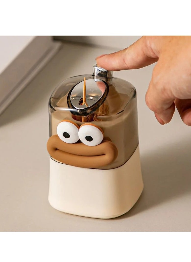 Pop Up Toothpick Dispenser, Toothpick Holder with Automatic Ejection,  compact and portab;e Plastic Toothpick Case Box, Stylish Home and Restaurant Storage Box, (1pc, Brown Smile)