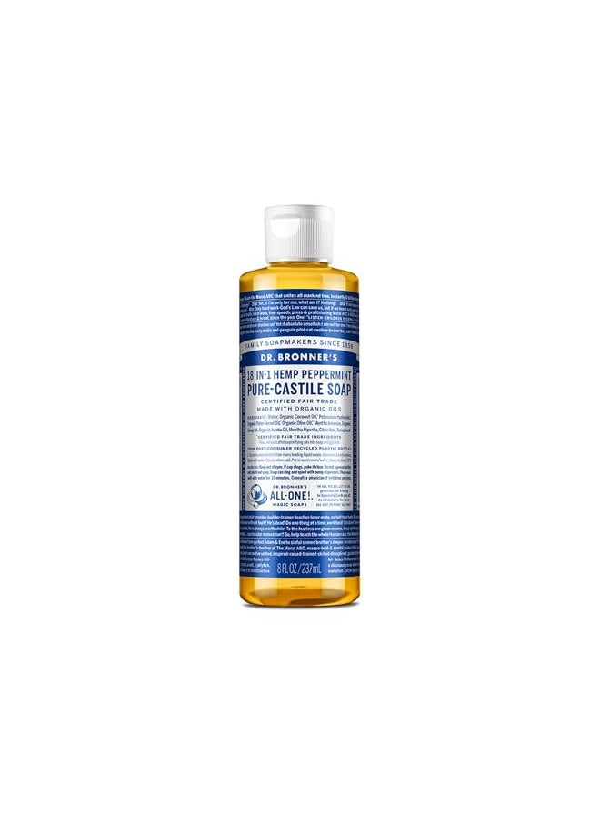 Dr. Bronner's - Pure-Castile Liquid Soap (Peppermint, 8 Ounce) - Made with Organic Oils, 18-in-1 Uses: Face, Body, Hair, Laundry, Pets and Dishes, Concentrated, Vegan, Non-GMO