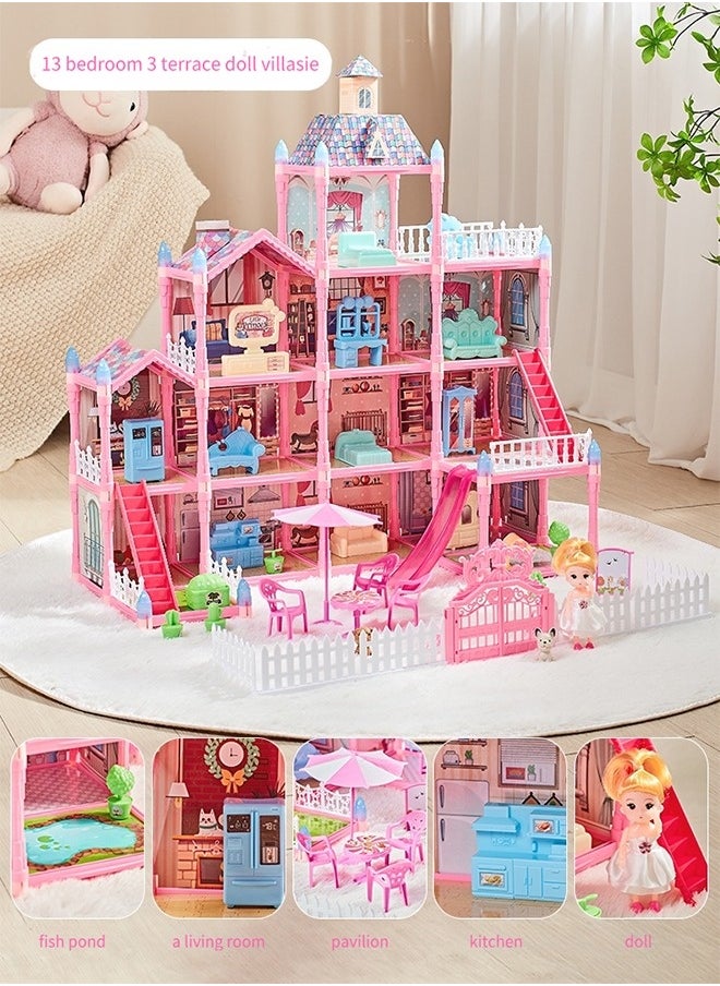 Dollhouse,Dream House for Girls Pretend Toys-4 Story 13 Rooms Dollhouse,Toddler Playhouse DIY Building Kids Gift for for 3-10 Year Old Girls.