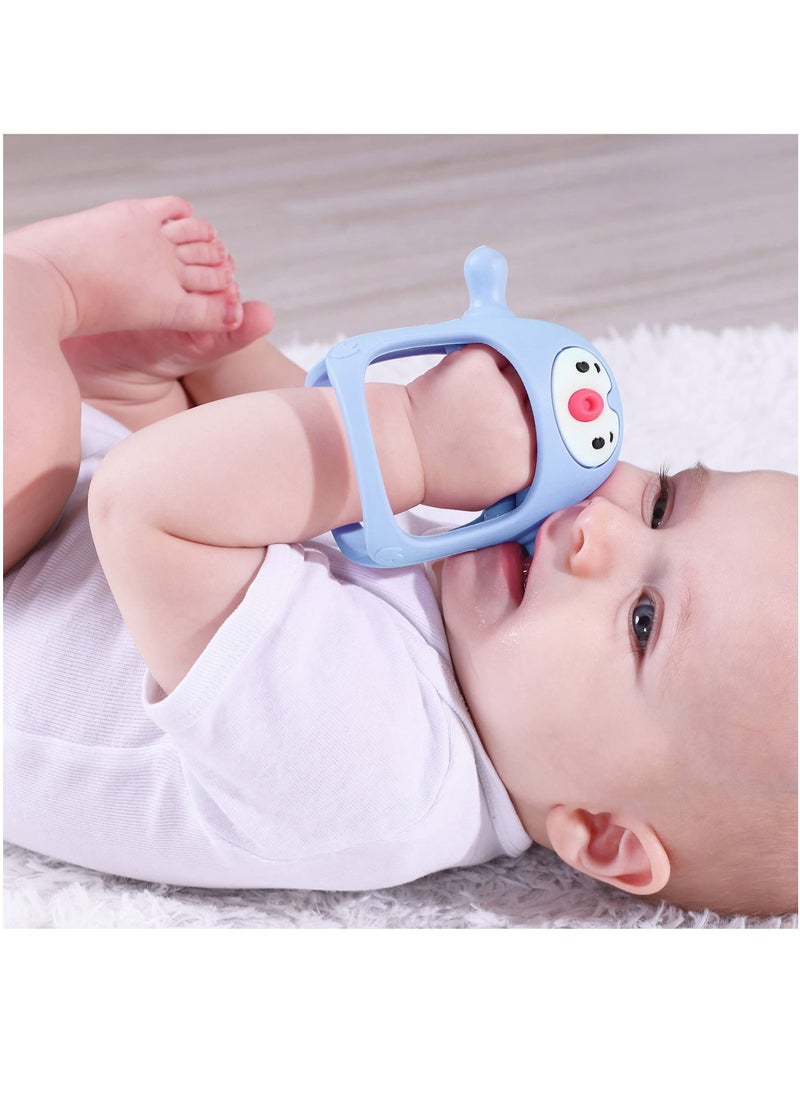 Light Blue Silicone Penguin Teething Toy for Infants 0-6 Months, Chewable Hand Pacifier & Car Seat Toy for Breastfeeding Babies