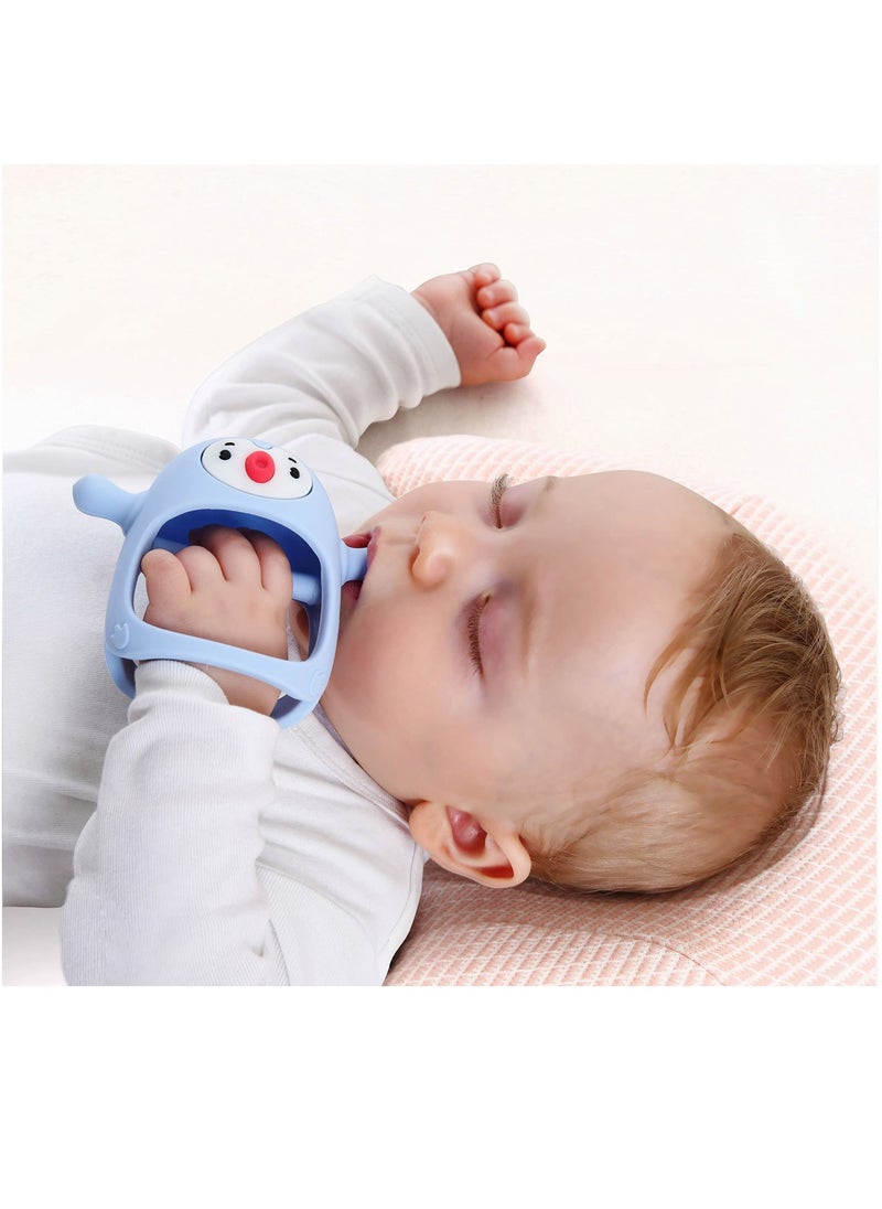Light Blue Silicone Penguin Teething Toy for Infants 0-6 Months, Chewable Hand Pacifier & Car Seat Toy for Breastfeeding Babies