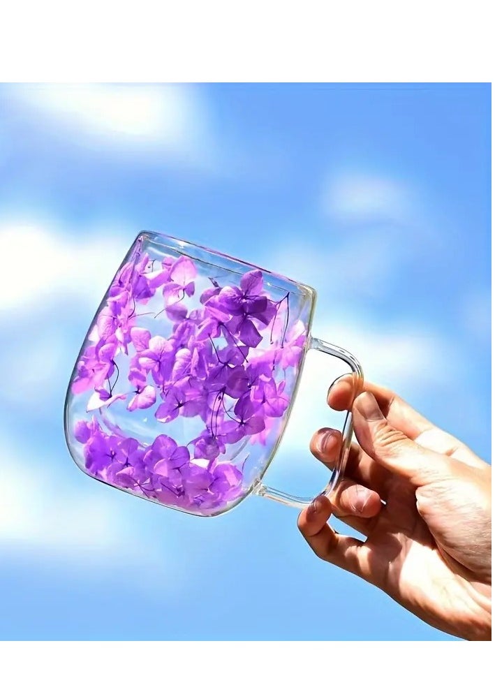 Borosilicate Double Wall dried Flower design Coffee Cup 250 ML 2 PCS Set Decorated with an Immortal Flower, (Pink & Purple)
