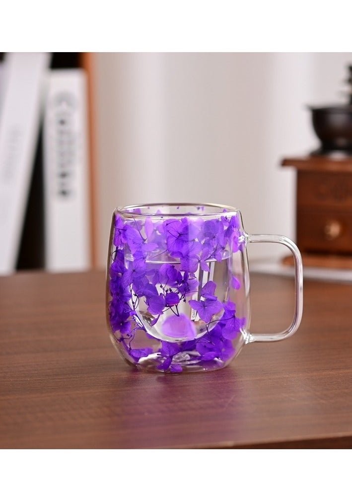Borosilicate Double Wall dried Flower design Coffee Cup 250 ML 2 PCS Set Decorated with an Immortal Flower, (Pink & Purple)