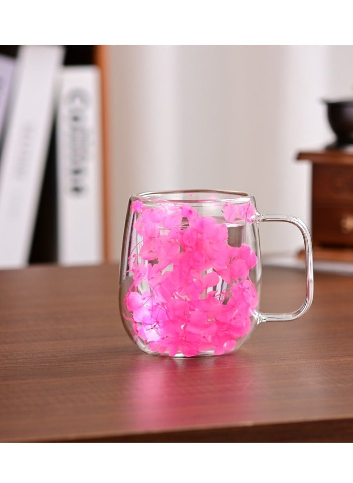 Borosilicate Double Wall dried Flower design Coffee Cup 250 ML 2 PCS Set Decorated with an Immortal Flower, (Pink & Purple)