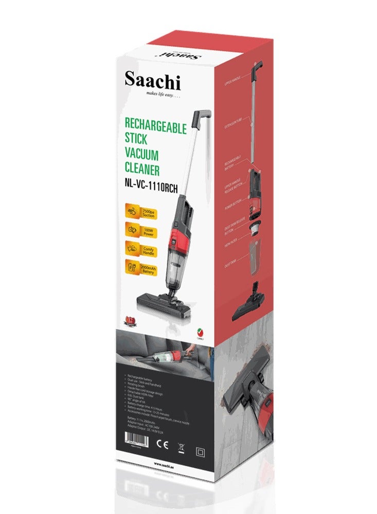 2-in-1 Rechargeable Cordless Stick Vacuum Cleaner: Powerful Cleaning with HEPA Filter & Rotating Brush 100 W NL-VC-1110RCH-BK Black