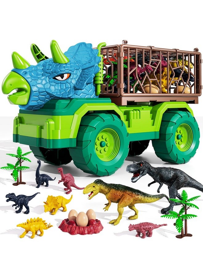 Dinosaur Truck Toy For Kids 3-5 Years, Triceratops Transport Car Carrier With 8 Dino Figures, Activity Play Mat, Dino Eggs And Trees, Capture Jurassic Dinosaurs Play Set For Boys And Girls