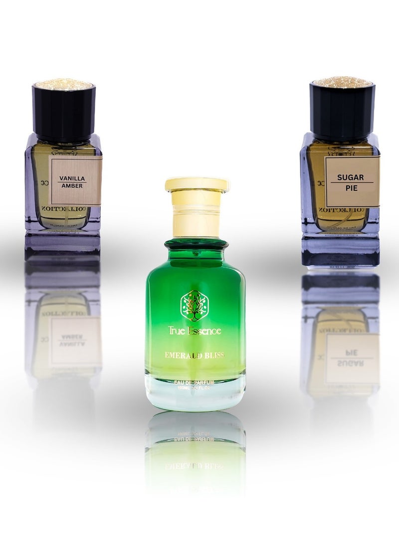 True Essence Combo Pack Of 3 Eau De Parfum -  Emerald Bliss 100 ml For Men And Royal Collection Sugar Pie 50 ml And Vanilla Amber 50 ml For Unisex