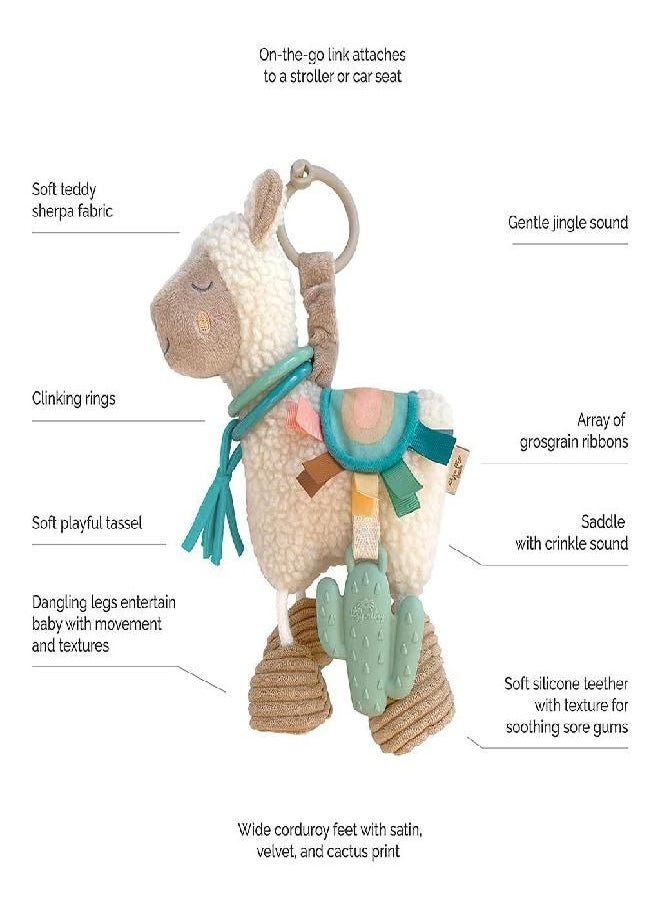 Itzy Ritzy Link & Love Toy for Stroller, Car Seat or Activity Gym, Features Textured Ribbons, Crinkle Sounds, Clinking Rings & Silicone Teether, Llama