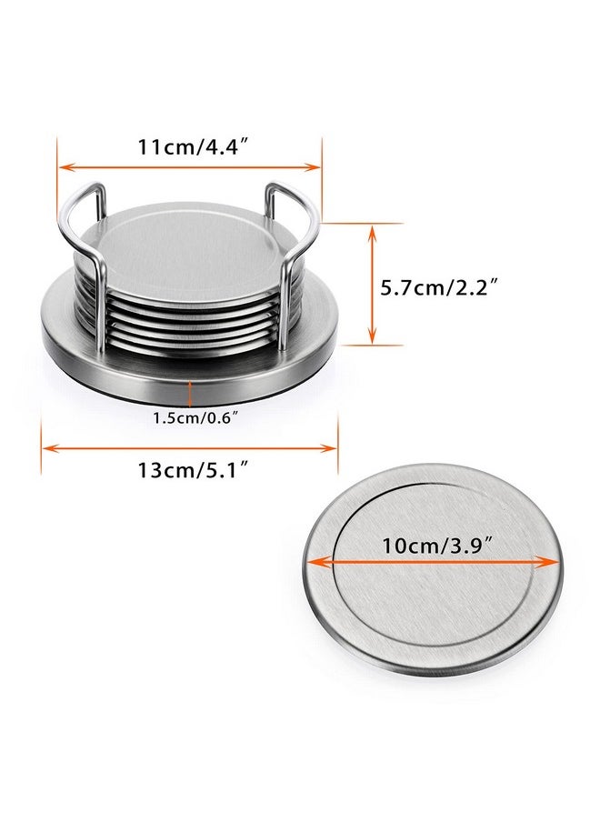 Set Of 6 Stainless Steel Round Coasters With Holder & Sponge Bottom, Silver Metal Cup Coasters Set Stunning Cool Coaster Cups Mats Decor For Restaurant Kitchen Bar Dining Table