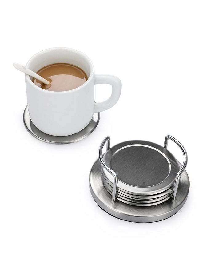 Set Of 6 Stainless Steel Round Coasters With Holder & Sponge Bottom, Silver Metal Cup Coasters Set Stunning Cool Coaster Cups Mats Decor For Restaurant Kitchen Bar Dining Table