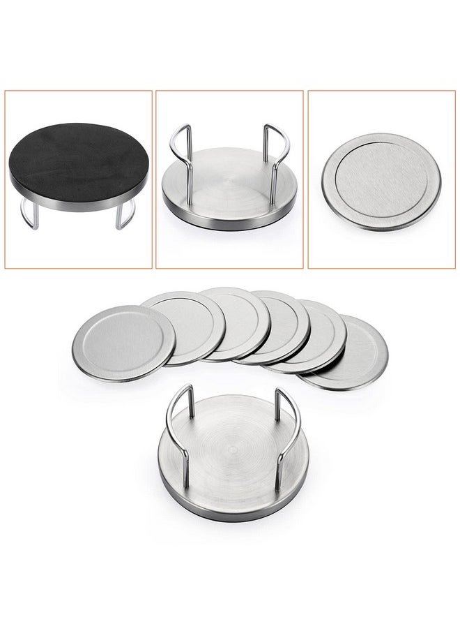 Set Of 6 Stainless Steel Round Coasters With Holder & Sponge Bottom, Silver Metal Cup Coasters Set Stunning Cool Coaster Cups Mats Decor For Restaurant Kitchen Bar Dining Table