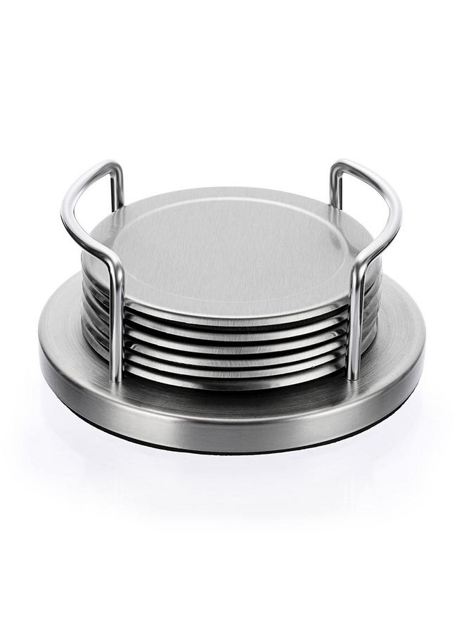 Set Of 6 Stainless Steel Round Coasters With Holder & Sponge Bottom, Silver Metal Cup Coasters Set Stunning Cool Coaster Cups Mats Decor For Restaurant Kitchen Bar Dining Table