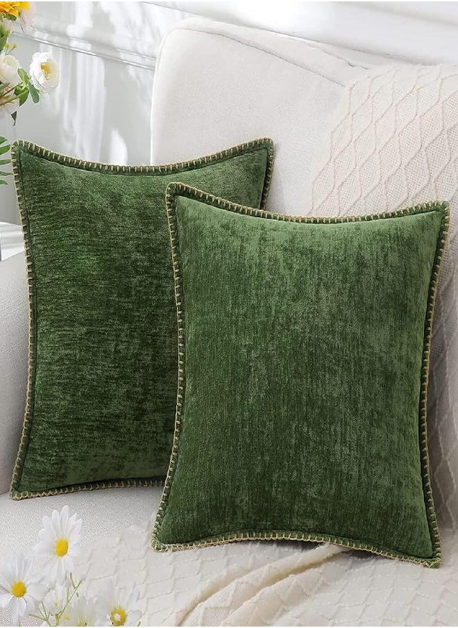 decorUhome Chenille Soft Throw Pillow Covers 18x18 Set of 2, Farmhouse Velvet Pillow Covers, Decorative Square Pillow Covers with Stitched Edge for Couch Sofa Bed, Forest Elf
