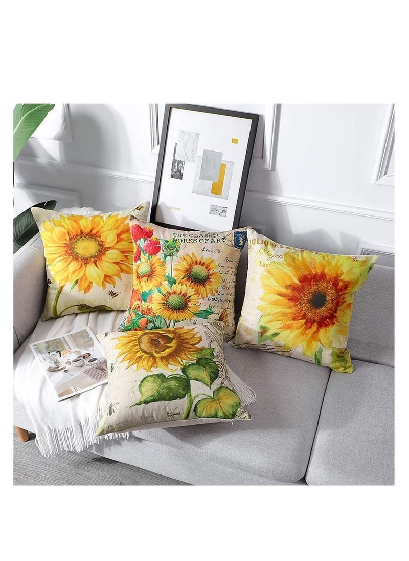 4 Pack Throw Pillow Covers Decorative Linen Pillowcase Sunflower Pattern Waterproof Cushion Perfect to Outdoor Patio Garden Living Room Sofa Farmhouse Decor