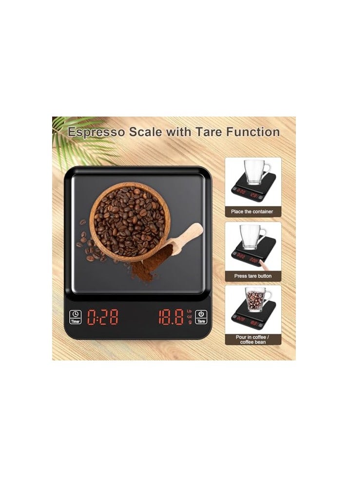 Coffee Scale with Timer 3kg/0.1g High Precision Espresso Weighing Scale Rechargeable Digital Coffee Beans Scale Electronic Food Scale with Tare Function & LED Display