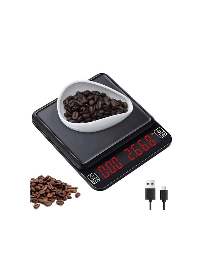 Coffee Scale with Timer 3kg/0.1g High Precision Espresso Weighing Scale Rechargeable Digital Coffee Beans Scale Electronic Food Scale with Tare Function & LED Display