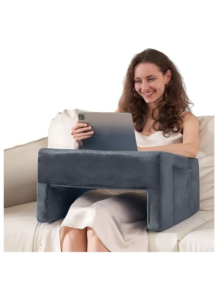 Plush Reading Pillow for Gaming Soft lap Desk Pillow for laptop large lap Pillow with cup holder pocket ultimate comfort laptop lap desk for bed couch car versatile reading pillows adult Grey