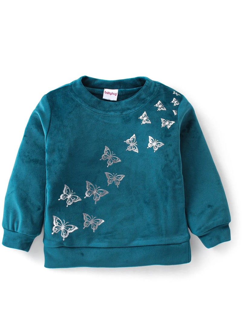 Babyhug Velour Knit Full Sleeves Winter Wear Sweatshirt & Lounge Pants/Co-ord Set with Butterfly Print - Teal(9-24M)