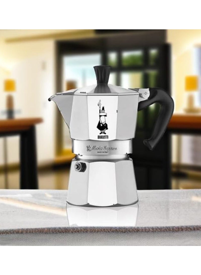 Moka Express Stove Top Espresso Maker, Makes Real Italian Coffee, Moka Pot 3 Cups, Silver