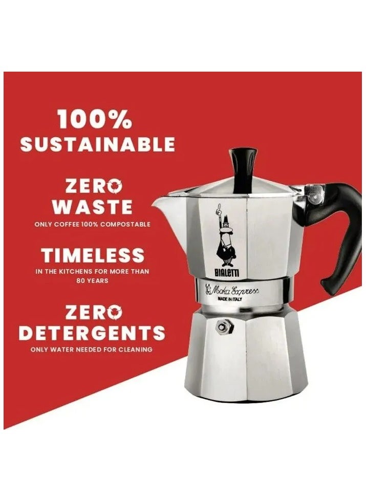 Moka Express Stove Top Espresso Maker, Makes Real Italian Coffee, Moka Pot 3 Cups, Silver