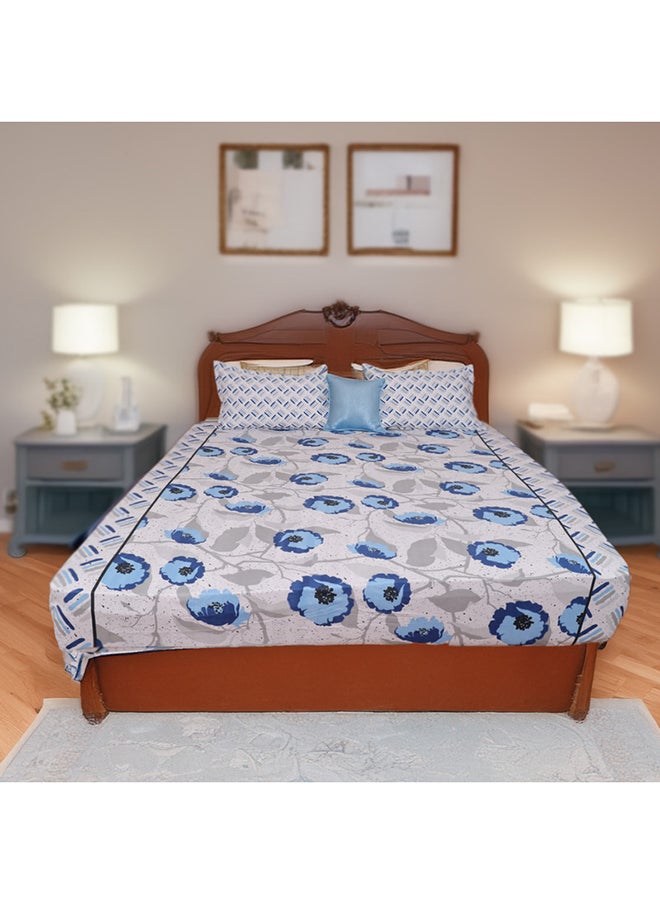 Status Contract Envogue Cotton Feel Double Bedsheet with 2 Pillow Covers for Bed Room, Home, Hotel-120 GSM (White Blue Flowers)