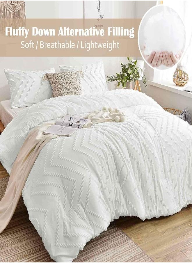 Nanko Queen Comforter Set White Tufted Jacquard Boho Soft Shabby Chic Reversible Down Alternative Microfiber Bedding - All Season Duvet and 2 Pillowcases Farmhouse Bed Sets Women Men Size 88 x 90 3pc