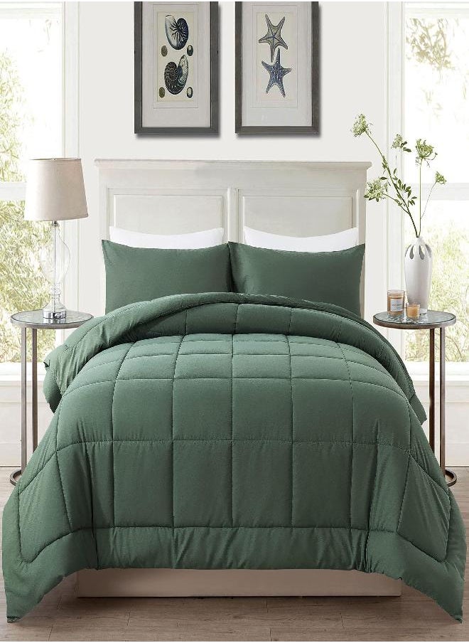 DOWNCOOL All Seasons Sage Green Bedding Comforters & Sets with 2 Pillow Cases -3 Pieces Bed Set Queen Down Alternative Comforter Set -Bedding Comforter Sets Queen (88x90 inches)