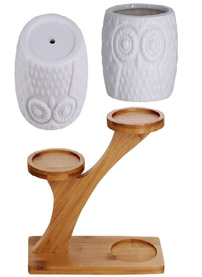 3pcs Owl Succulent Pots with 3 Tier Bamboo Saucers Stand Holder - White Modern Decorative Ceramic Flower Planter Plant Pot with Drainage - Home Office Desk Garden Mini Cactus Pot Indoor Decoration