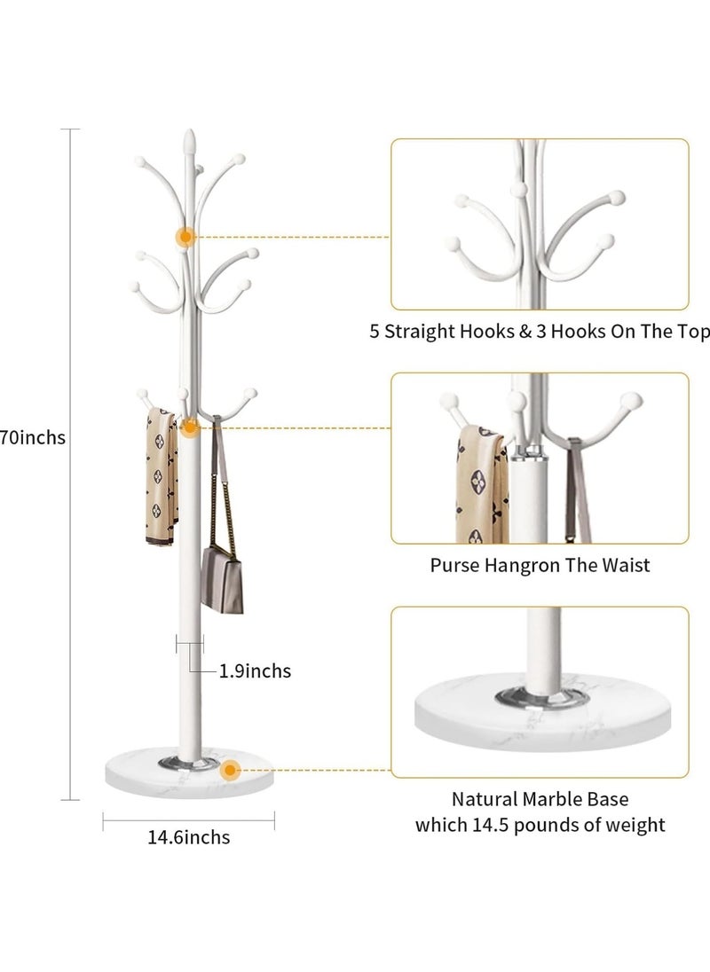 Coat Racks Metal Coat Racks Coat Rack Freestanding Tree Coat Rack L Shaped Coat with Hooks & Marble Base Coat Racks for Hanging Scarf Bag Jacket Home Entry-way Hat Hanger (White 70in)