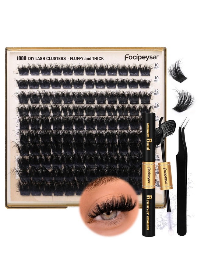 Eyelash Extension Kit Thick Lash Clusters Kit 10-18Mm Fluffy Clusters Lashes 180D Individual Eyelashes Kit With Lash Bond, Lash Remover, Lash Applicator Diy Lash Extension For Beginners (180D-D Curl)