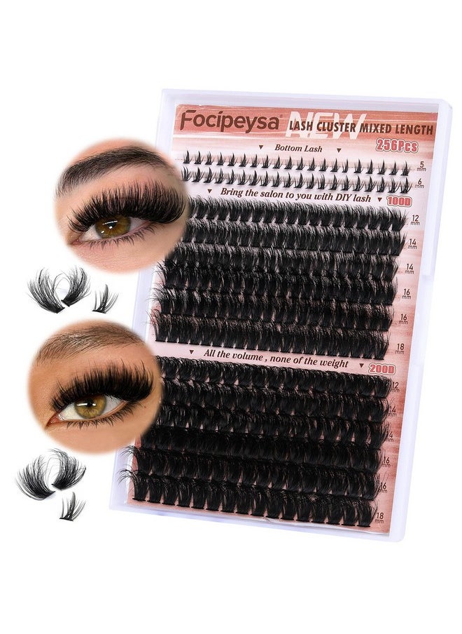 Eyelash Clusters 100D 200D Lashes Extensions With Bottom Lash Volume Lash Clusters 256Pcs Individual Eyelash Extensions 12-18Mm Mixed Eyelash Extensions Diy D Curl Lash Extension At Home