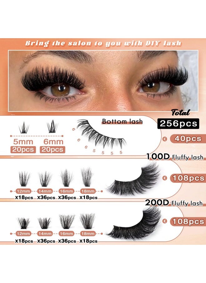 Eyelash Clusters 100D 200D Lashes Extensions With Bottom Lash Volume Lash Clusters 256Pcs Individual Eyelash Extensions 12-18Mm Mixed Eyelash Extensions Diy D Curl Lash Extension At Home