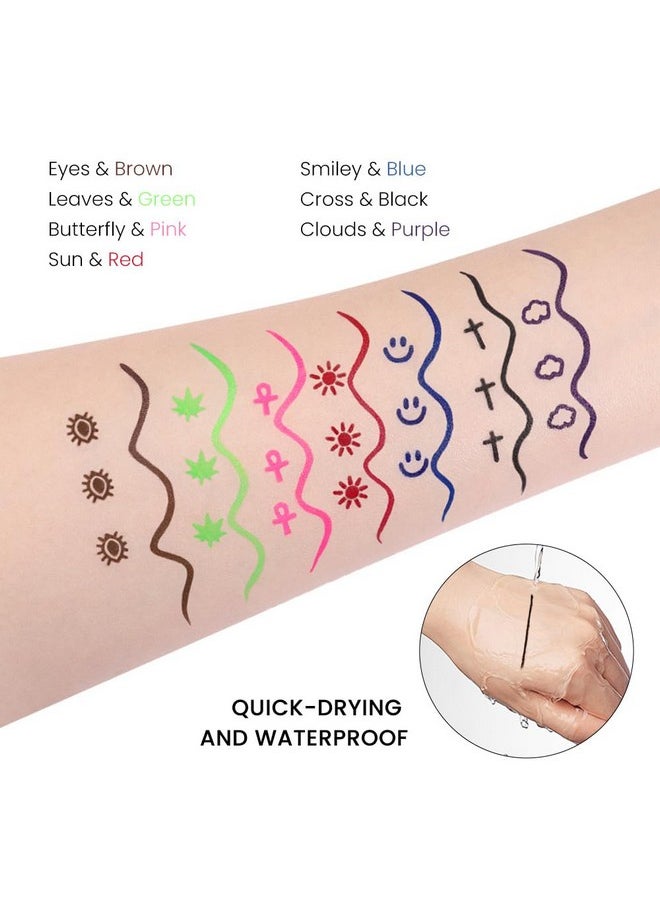 7Pcs Colored Winged Eyeliners Face Stamp Set, Black Brown Purple Blue Red Pink Green Stamps Eyeliner, Star Flowers Heart Moon Triangle Lightning Butterfly Colorful Eye Liners Stamp Makeup Kit 02