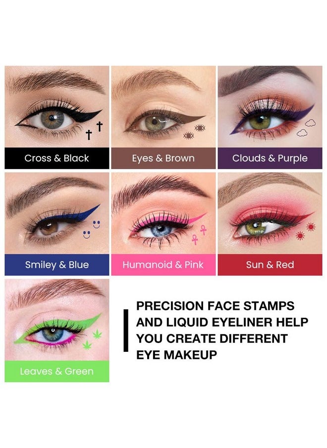 7Pcs Colored Winged Eyeliners Face Stamp Set, Black Brown Purple Blue Red Pink Green Stamps Eyeliner, Star Flowers Heart Moon Triangle Lightning Butterfly Colorful Eye Liners Stamp Makeup Kit 02