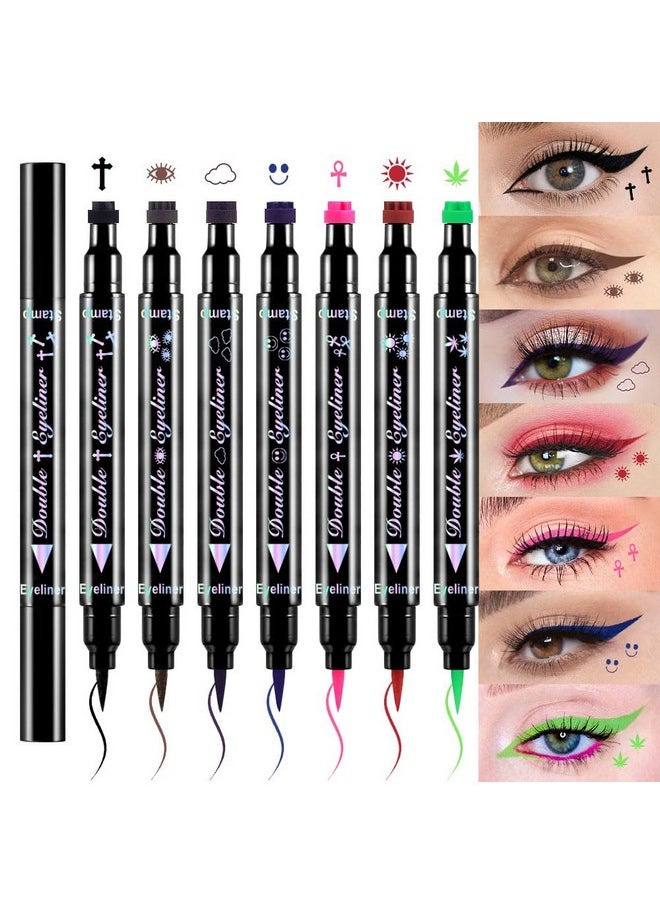 7Pcs Colored Winged Eyeliners Face Stamp Set, Black Brown Purple Blue Red Pink Green Stamps Eyeliner, Star Flowers Heart Moon Triangle Lightning Butterfly Colorful Eye Liners Stamp Makeup Kit 02