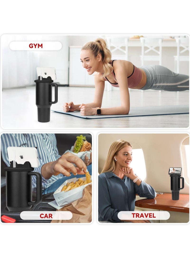 40 oz Tumbler Lid Replacement Fit for Stanley Cup Silicone Multi-functional Cell Phone Holder Spill Proof Tumbler Covers for Stanley Cup Accessories for Stanley Quencher Travel Tumbler,Black
