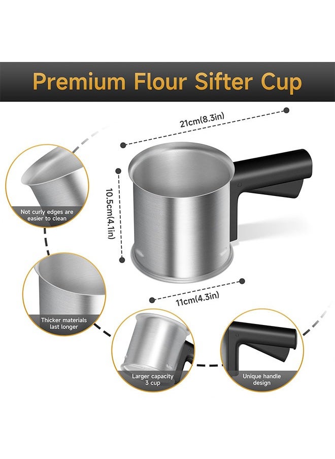 Flour Sifter, 3 Cup Stainless Steel, Double Layer Fine Mesh, One Hand Press Crank for Effortless Sifting, Ideal for Baking, Cake Making, and Powdered Sugar Dusting, Durable and Easy to Clean